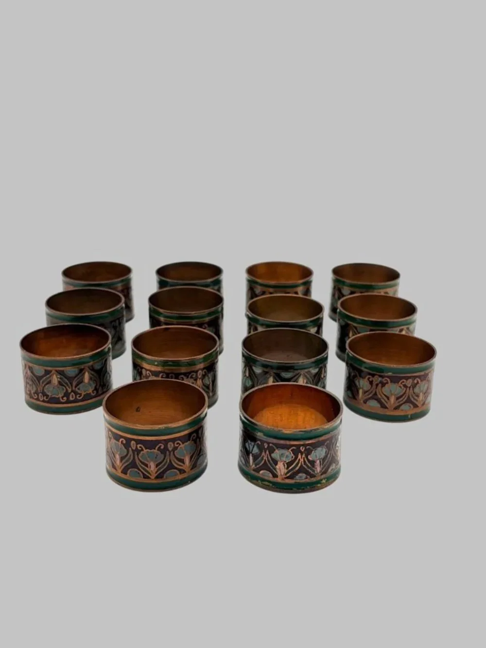 Pier 1 Imports Set of 14 Hand Painted Copper & Enamel Floral Napkin Rings 1.75
